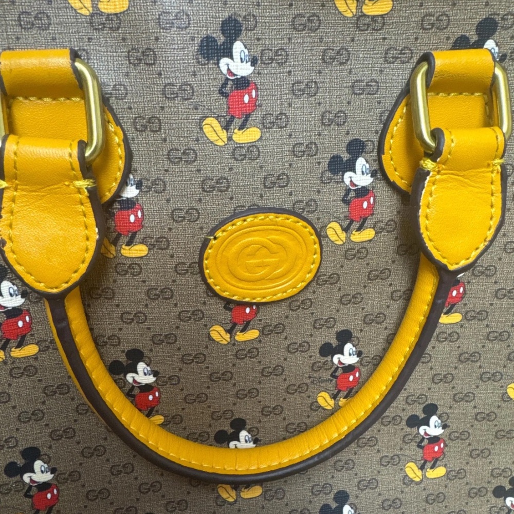 Gucci x Disney Mickey Mouse GG Supreme Tote Bag Set Yellow Leather Trim Satchel